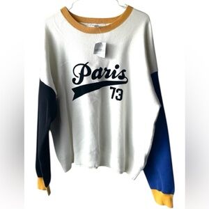 Forever 21 White Sweater with Blue Sleeves and Yellow Trim